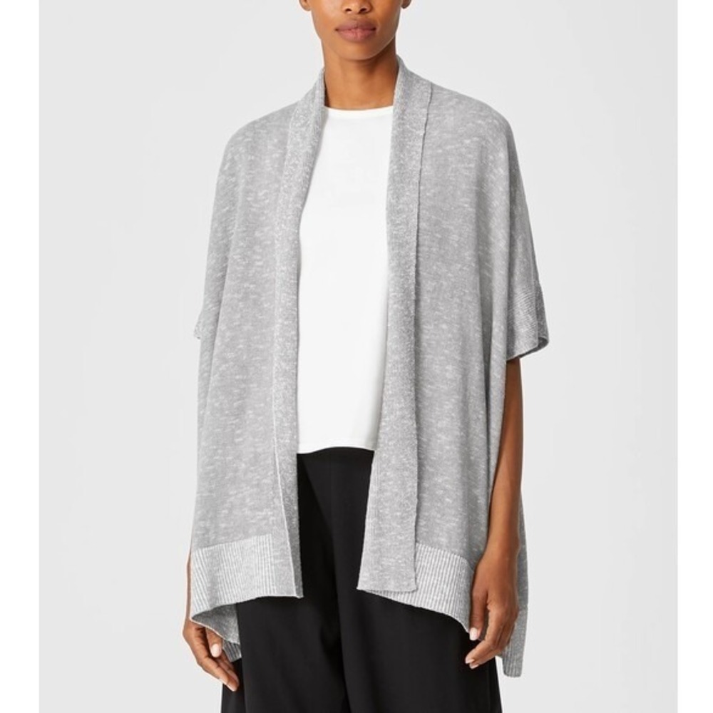 Eileen Fisher Organic Cotton Linen Slub Cardigan XL Grey Boxy Fit Long Length